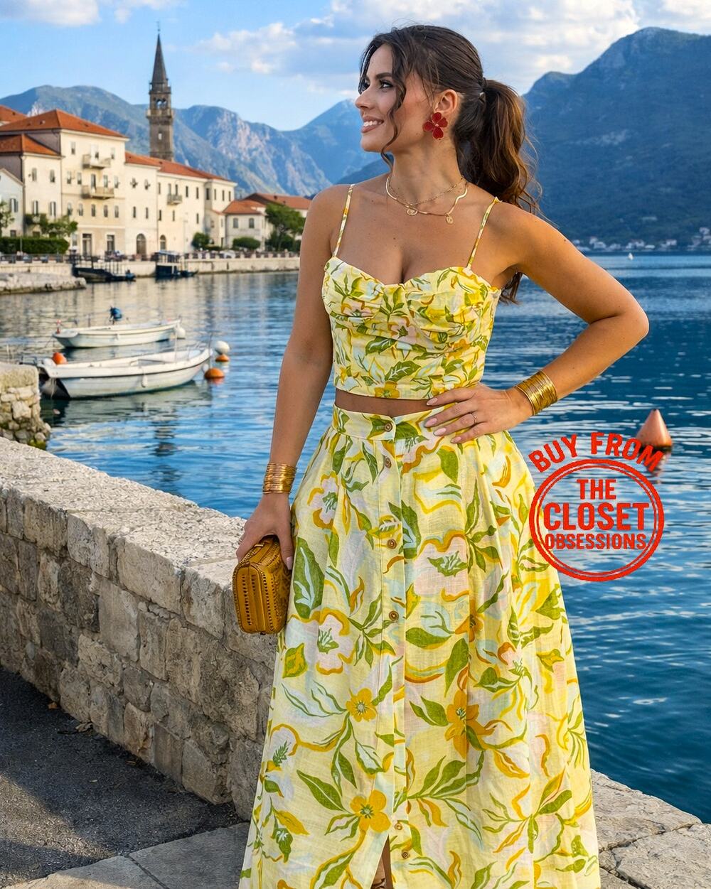 ZARA Lemon Print Two Piece Set NWT Corset Top Midi Skirt Linen Blend M